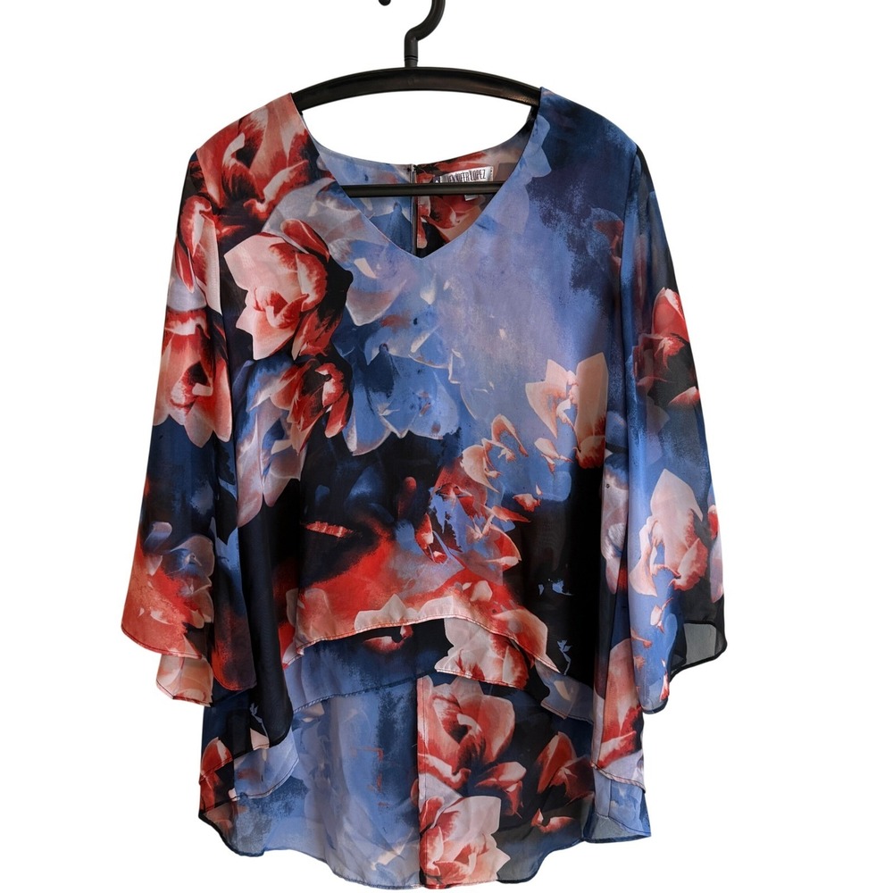 Jennifer Lopez Floral High Low Blouse L Bell Sleeve Feminine Fairy Festival Boho